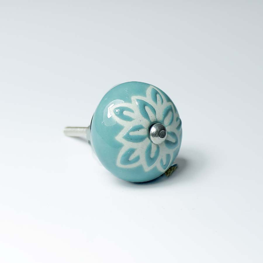 Ceramic Doorknob With White Wax Flower Teal