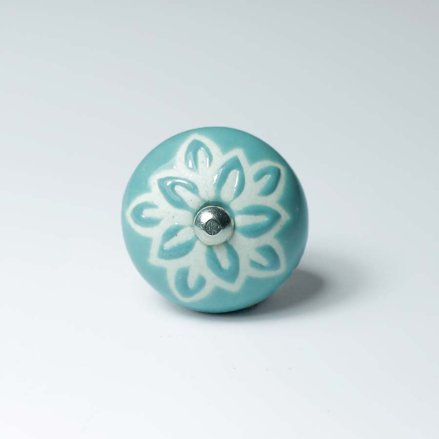 Ceramic Doorknob With White Wax Flower TEal