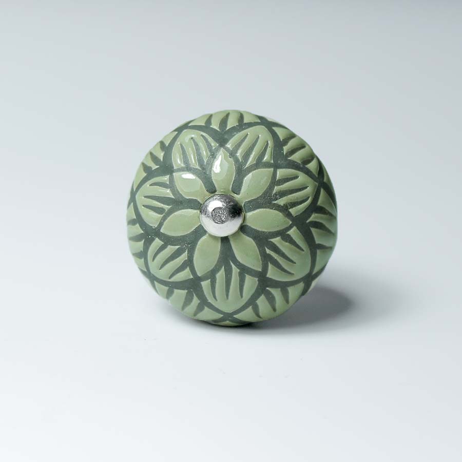 Ceramic Doorknob with Black Flower Detail Green