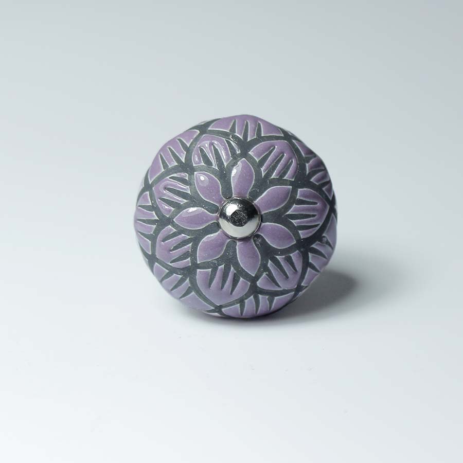 Ceramic Doorknob with Black Flower Detail Purple
