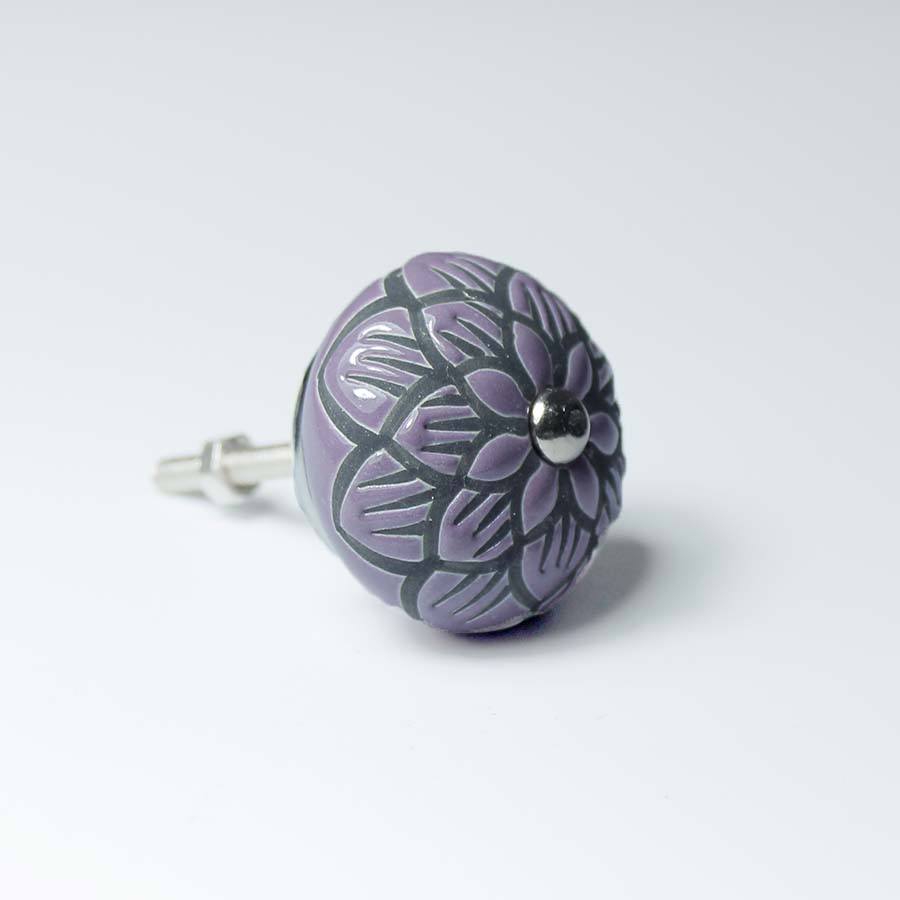 Ceramic Doorknob with Black Flower Detail Purple