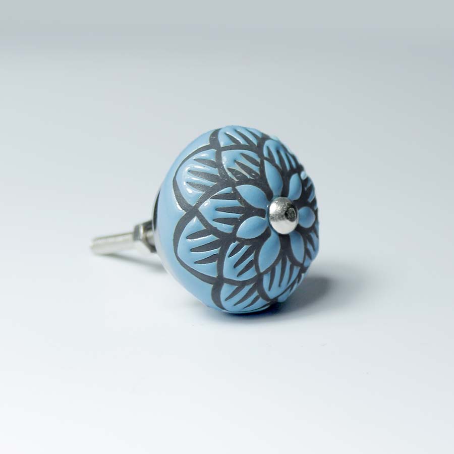 Ceramic Doorknob with Black Flower Detail Blue