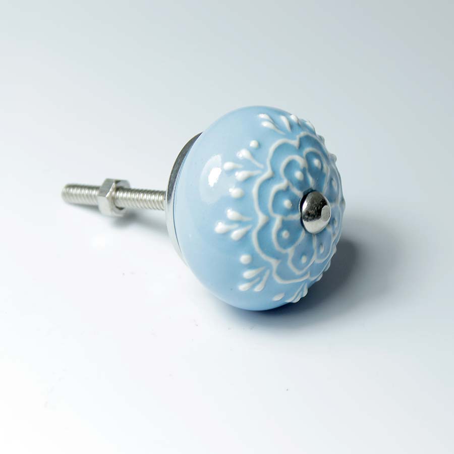 Ceramic Doorknob with White Emboss Painting Blue