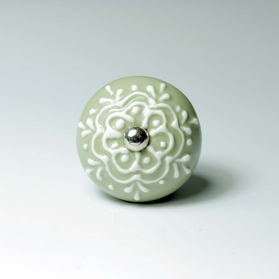 Ceramic Doorknob with White Emboss Painting Green