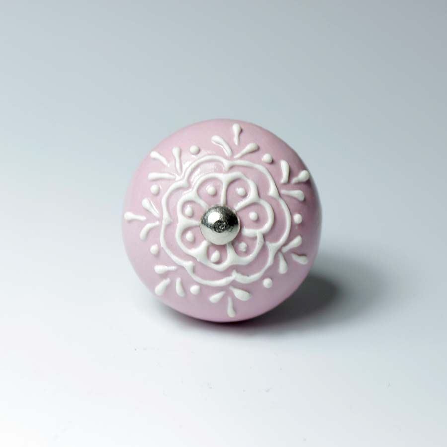 Ceramic Doorknob with White Emboss Painting Pink