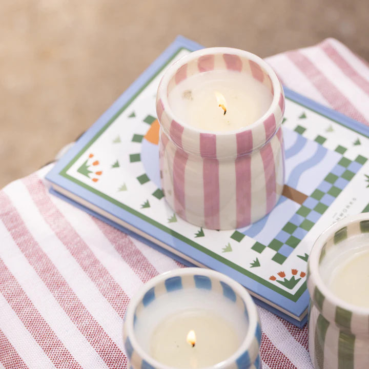 Ceramic Pink Striped Candle Eucalyptus & Santal - CAB0702EU - Uneeka