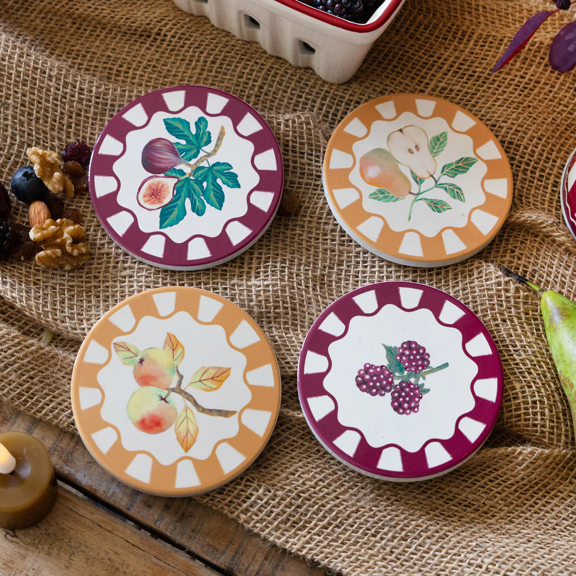 Ceramic Autumnal Fruit Design Coaster - AUTMN-COASTER-MIX - Uneeka
