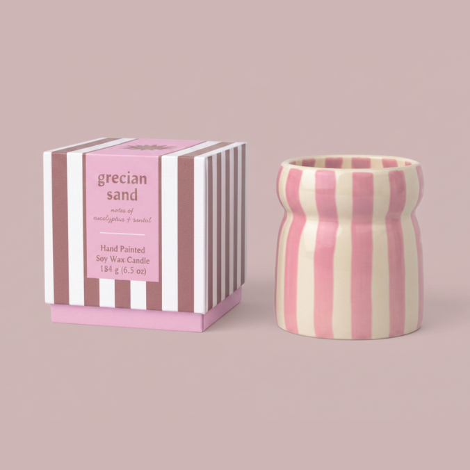 Ceramic Pink Striped Candle Eucalyptus & Santal - CAB0702EU - Uneeka