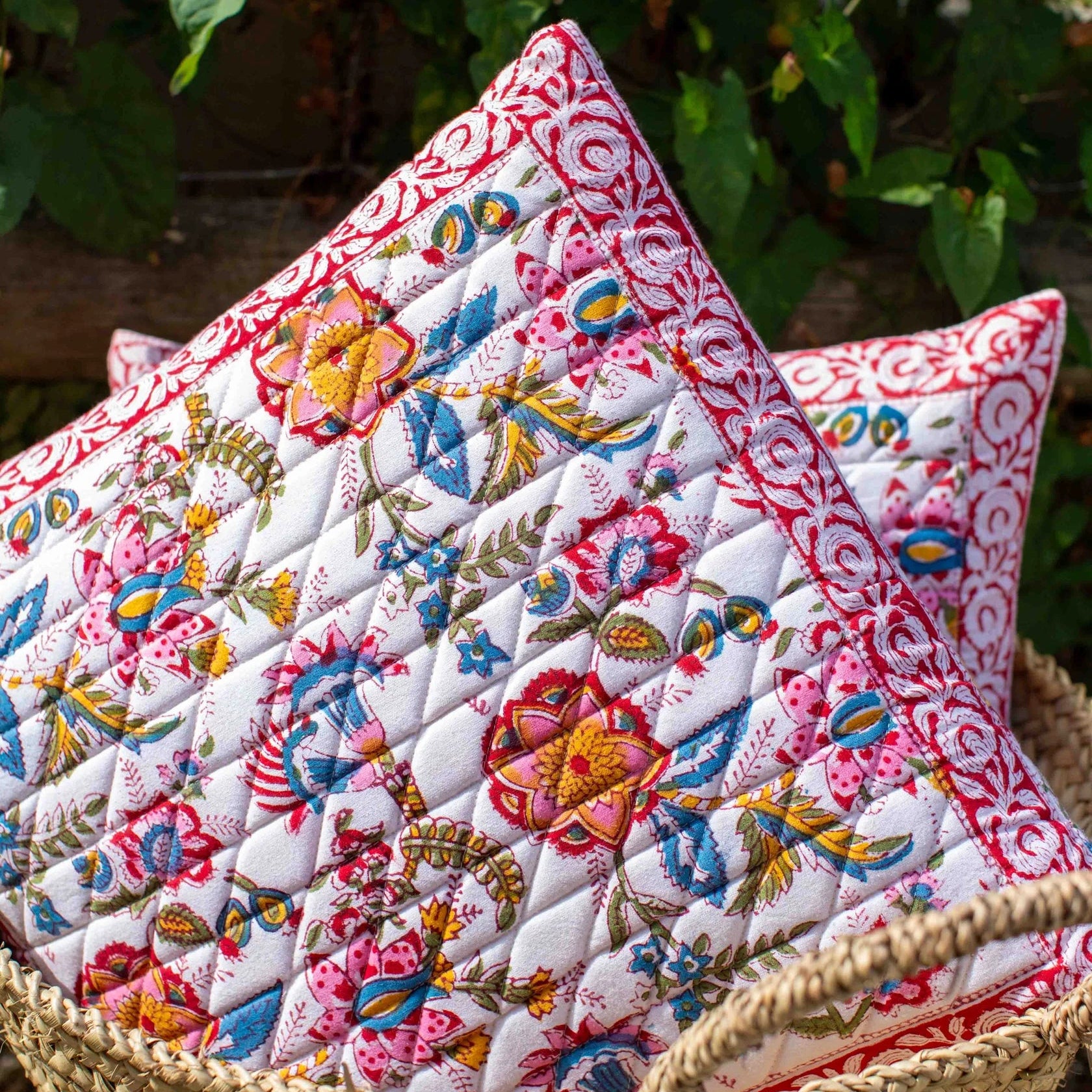 White & Red Floral Quilted Block Print Cushion - SMS019/CUSH - Uneeka