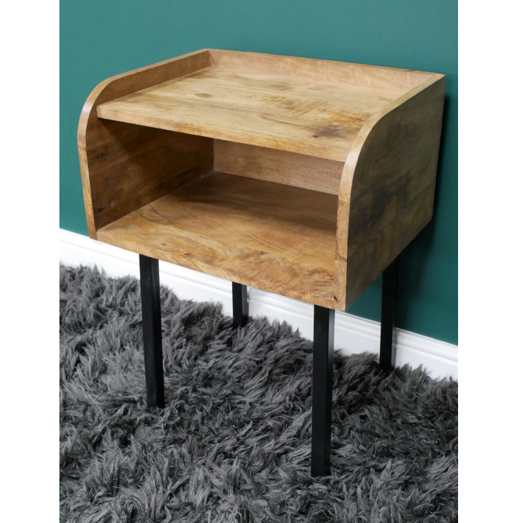 Chunky Mango Wood and Black Metal Bedside Cabinet side view