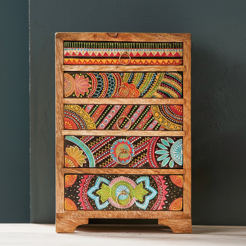 Colourful African Hand Painted 5 Drawer Mini Chest - STC651 - Uneeka