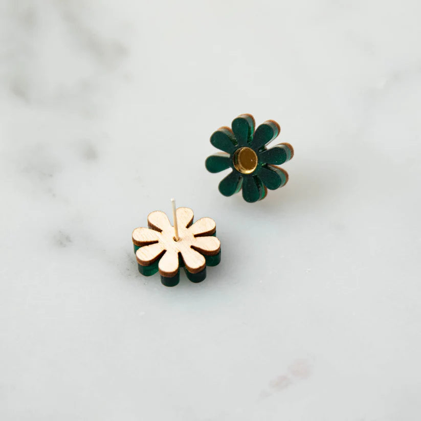 Colourful Daisy Stud Earrings - Green & Gold FSC approved wood & acrylic earrings - Uneeka