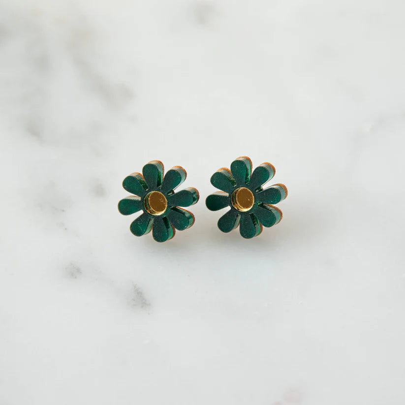 Colourful Daisy Stud Earrings - Green & Gold FSC approved wood & acrylic earrings - Uneeka