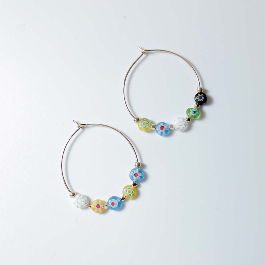 Colourful Evil Eyes Round Brass Hoop Earrings - Multi Coloured Bead
