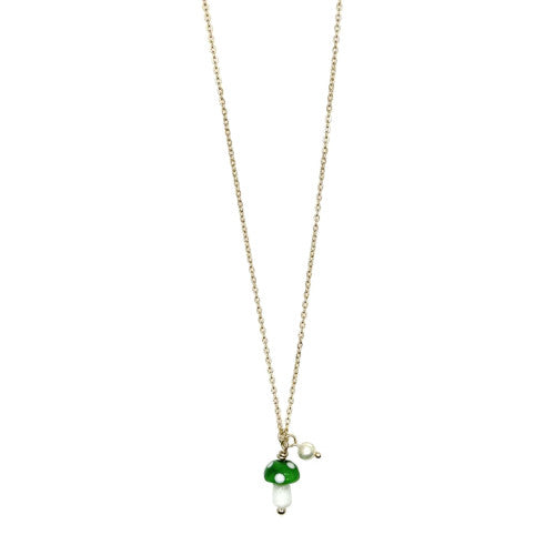 Colourful Glass Mushroom & Pearl Gold Necklace Green