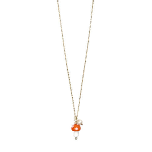 Colourful Glass Mushroom & Pearl Gold Necklace Orange