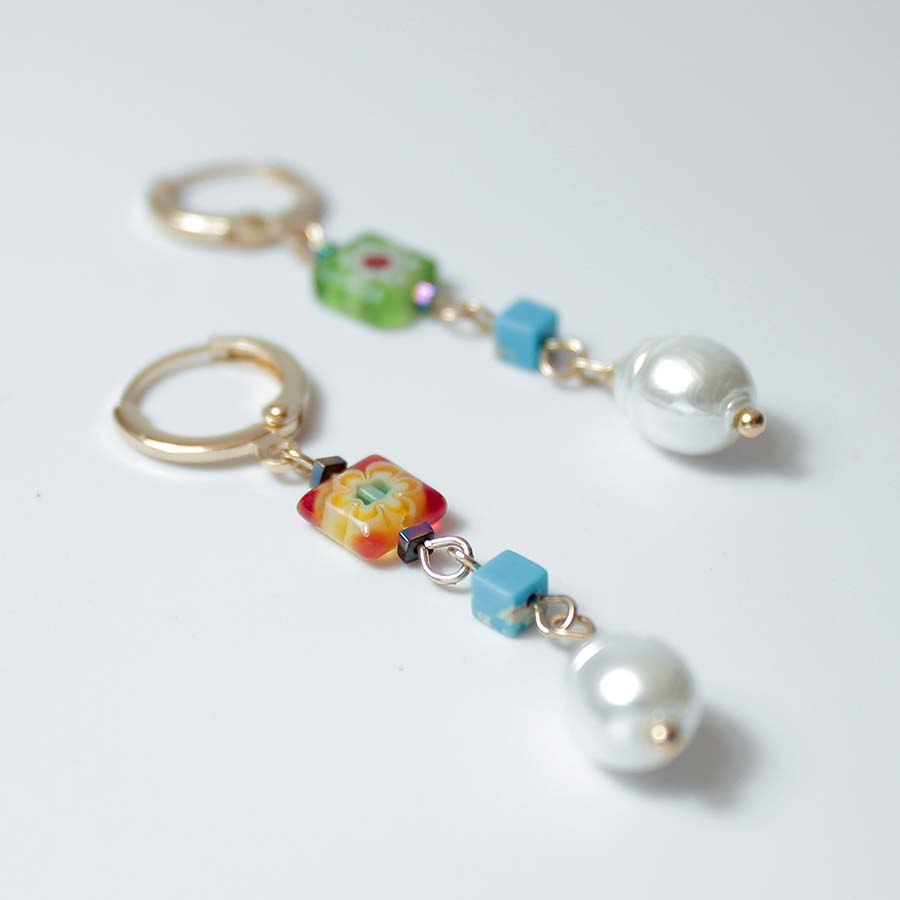 Colourful Murano Glass Bead and Pearl Drop Earrings