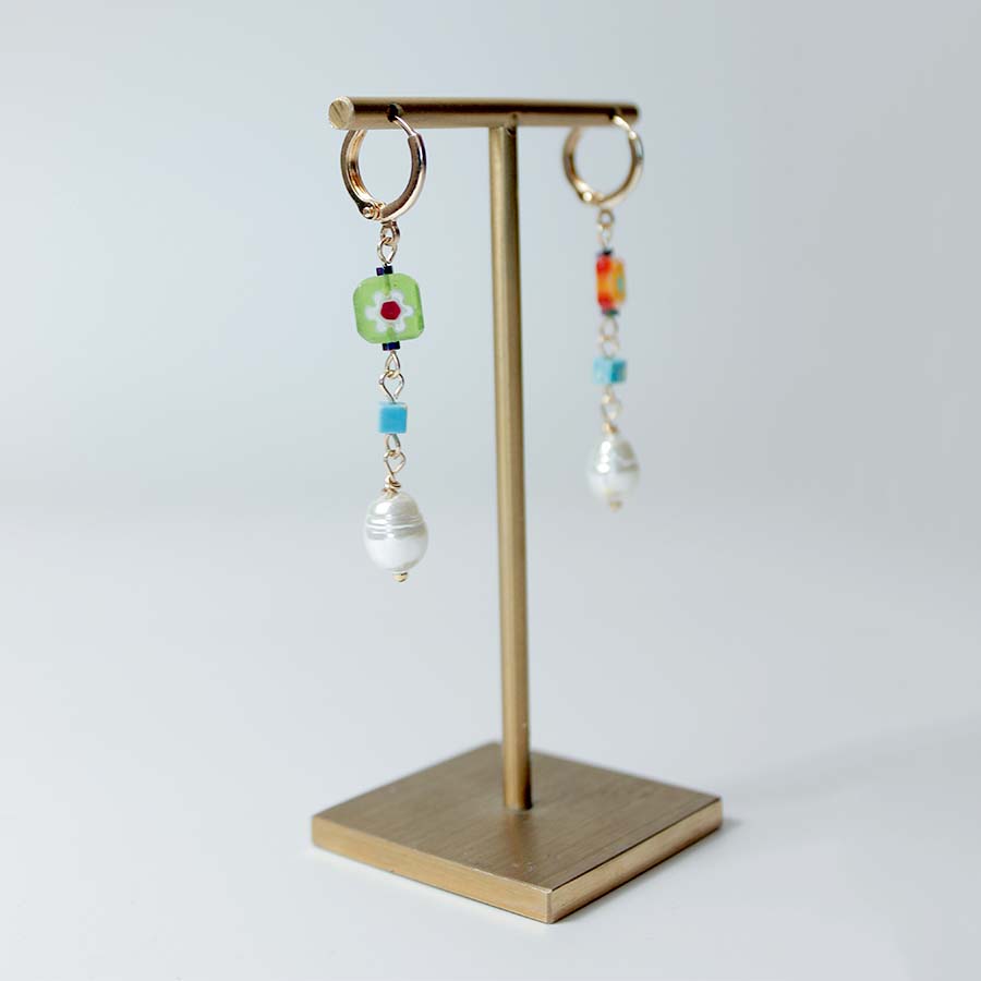 Colourful Murano Glass Bead and Pearl Drop Earrings