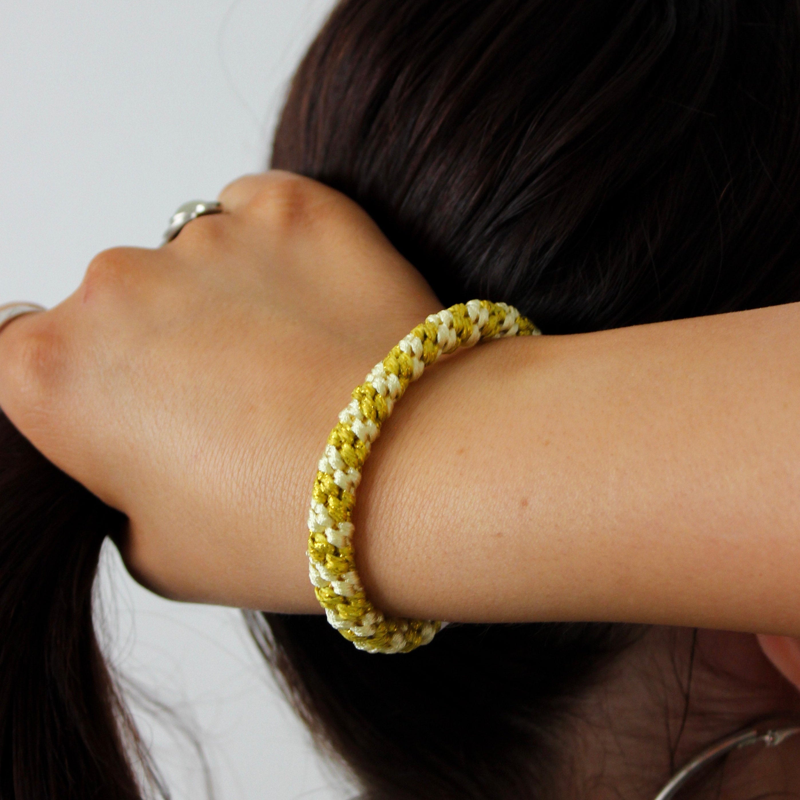 Colourful Stripe Woven Hair Tie - White & Yellow Glitter - Uneeka