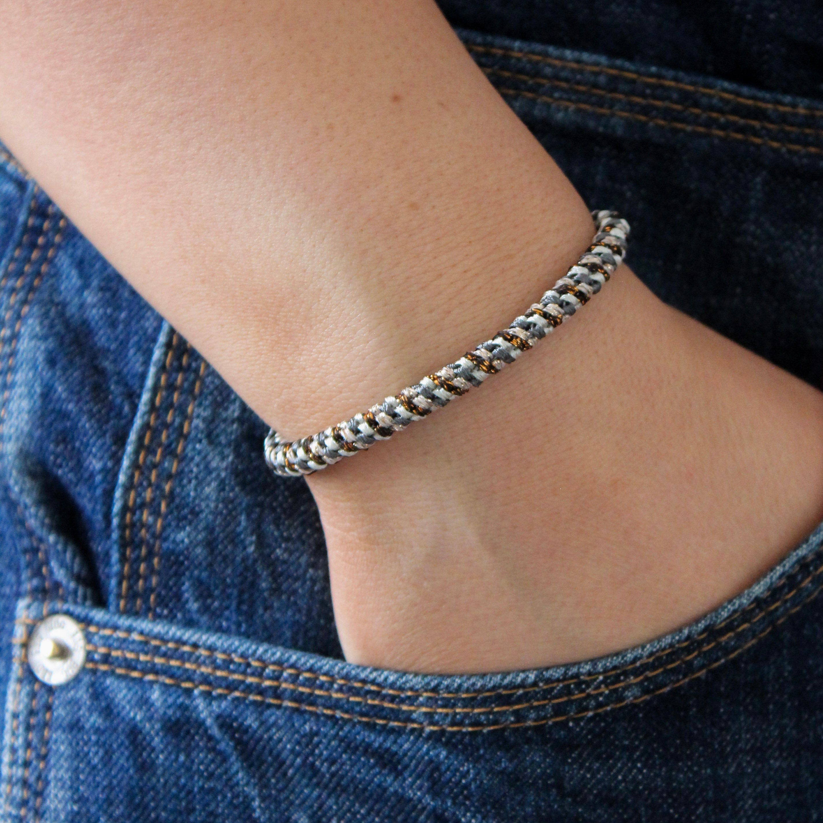 Colourful Woven Slim Hair Tie - Copper Grey Glitter - Uneeka