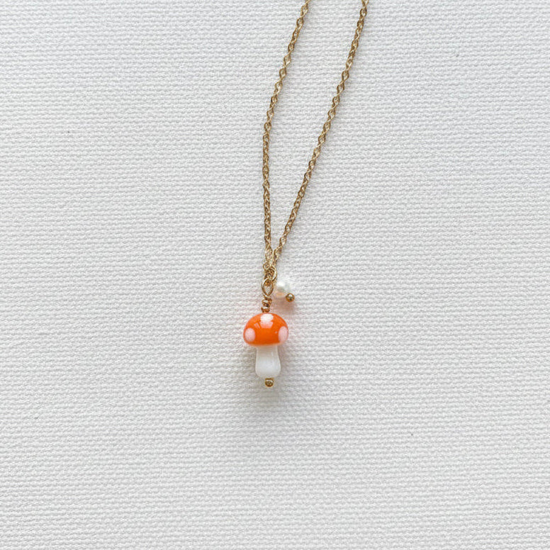 Colourful Glass Mushroom & Pearl Gold Necklace - CN - 4755 - GOR - Uneeka