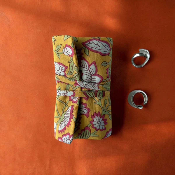 Cotton Floral Print Jewellery Roll Yellow Uneeka