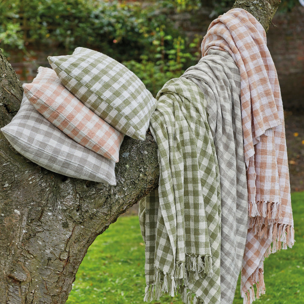Cotton Gingham Check Woven Throw Olive Grey Pink lifestyle