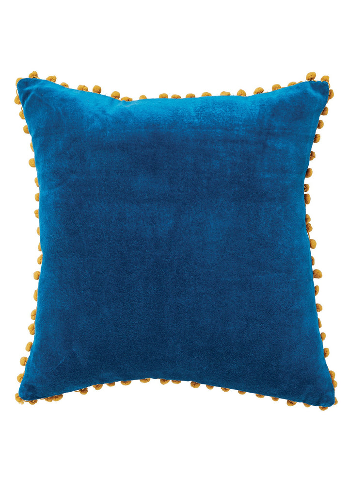 Cotton Velvet Cushion With Pom Poms Blue