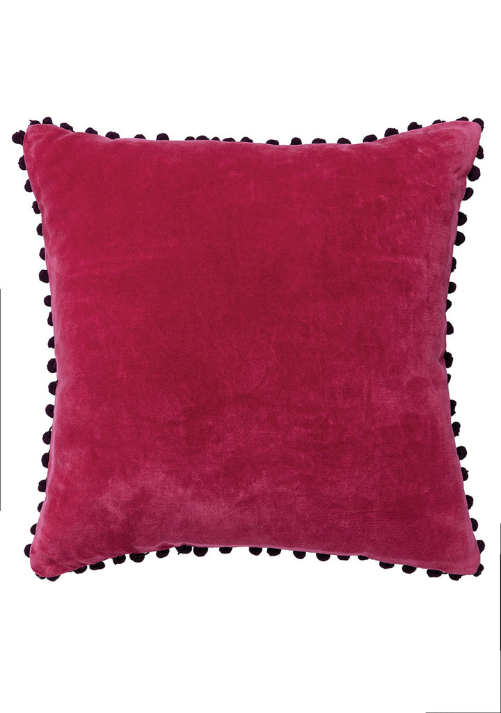 Cotton Velvet Cushion With Pom Poms Pink