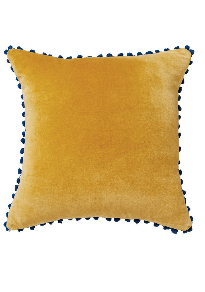 Cotton Velvet Cushion With Pom Poms Yellow
