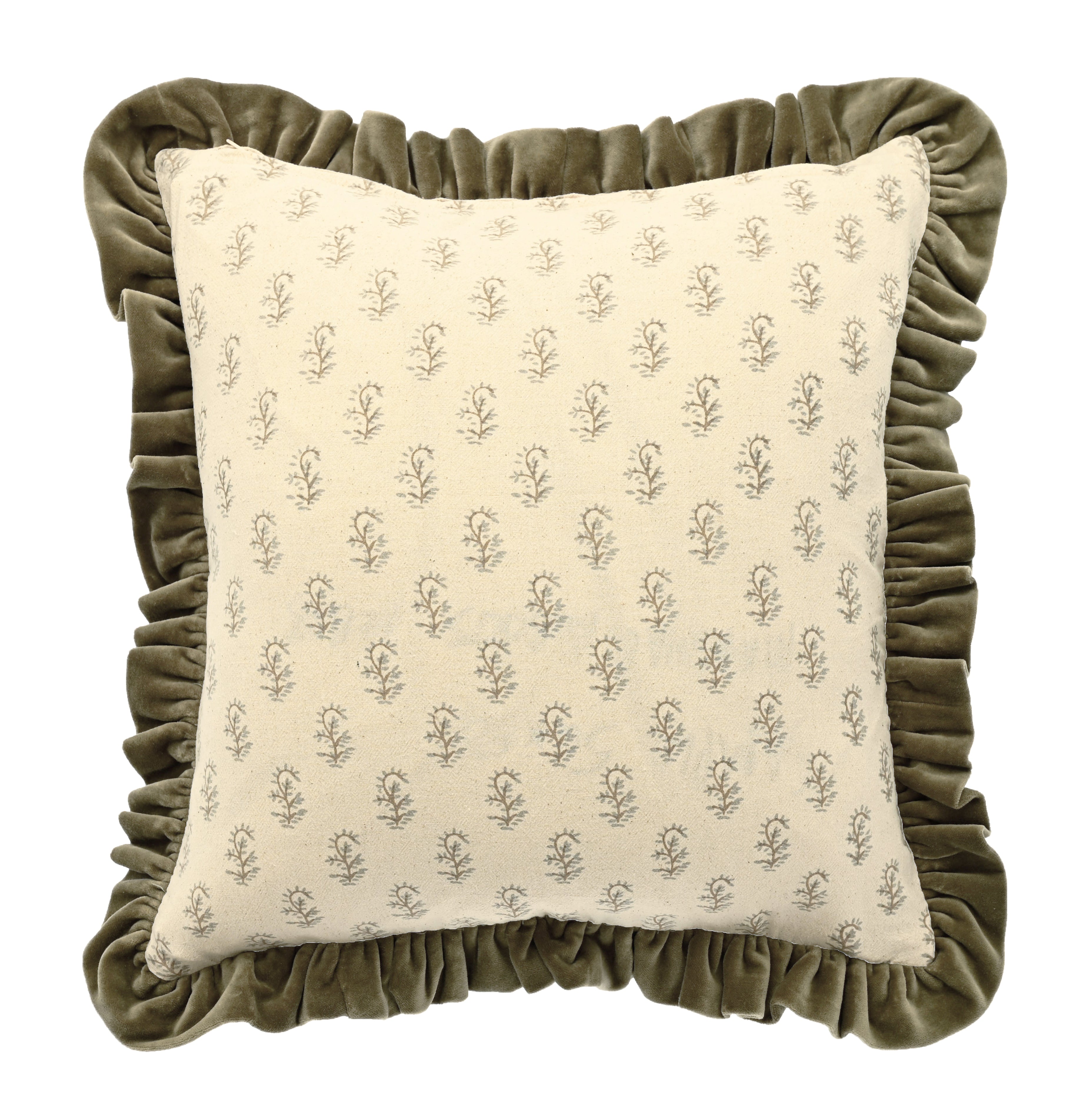 Cotton Velvet Ruffle Edge Cushion - Olive - Uneeka