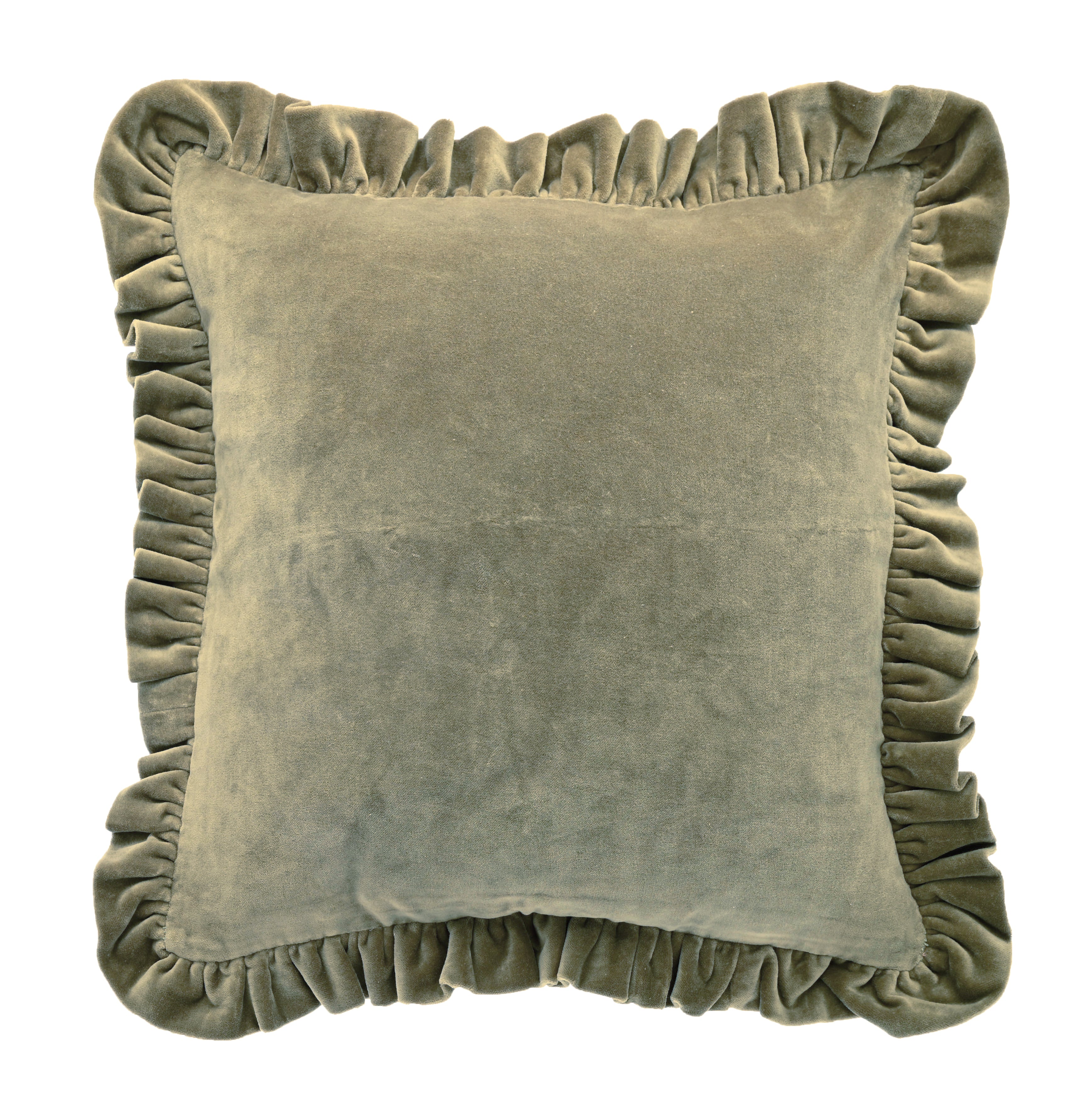 Cotton Velvet Ruffle Edge Cushion - Olive - Uneeka