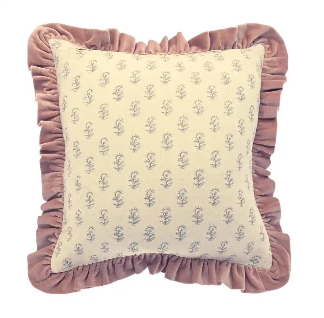Cotton Velvet Ruffle Edge Cushion - Rose - Uneeka