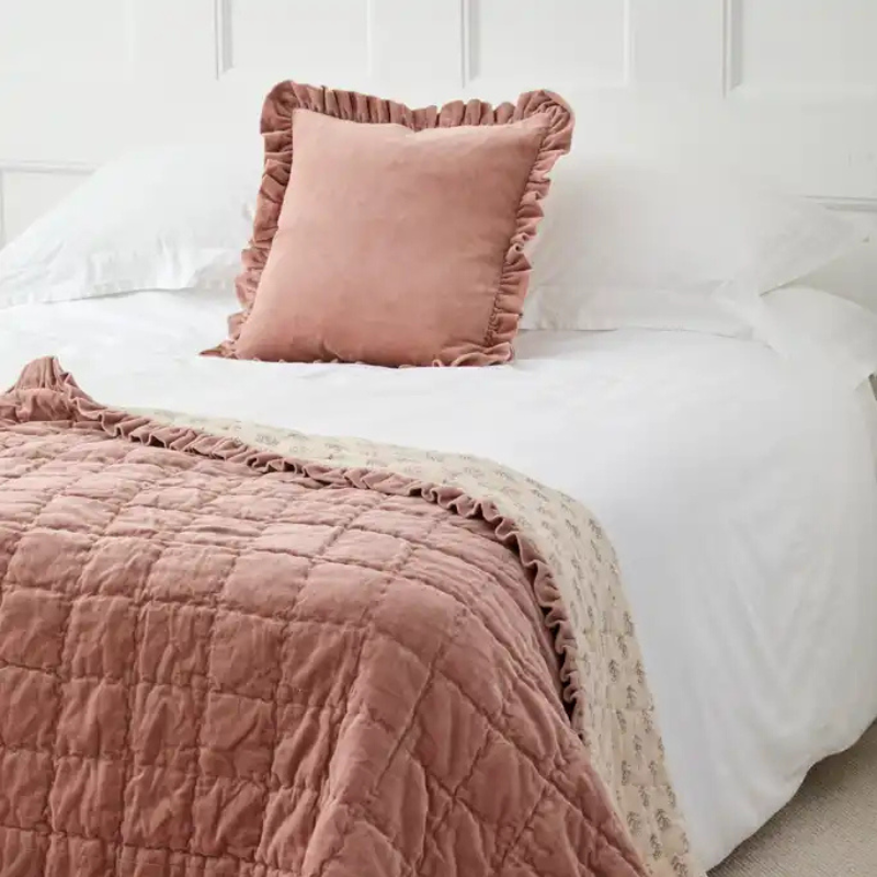 Cotton Velvet Ruffle Edge Cushion - Rose - Uneeka