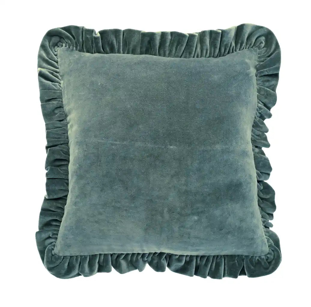 Cotton Velvet Ruffle Edge Cushion - Teal - Uneeka