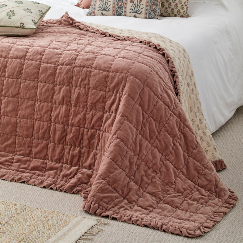 Cotton Velvet Ruffle Edge Quilted Bed Cover - Rose - Uneeka