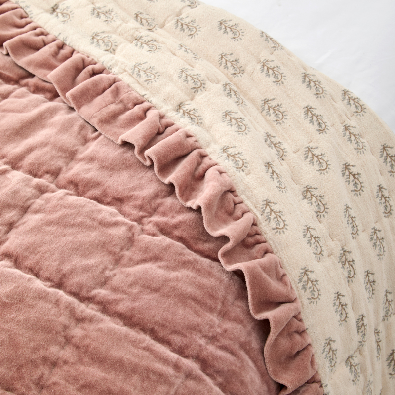Cotton Velvet Ruffle Edge Quilted Bed Cover - Rose - Uneeka