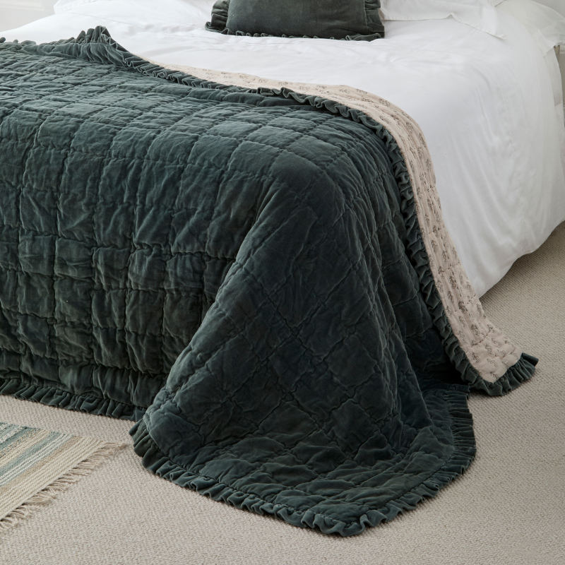Cotton Velvet Ruffle Edge Quilted Bed Cover - Teal - Uneeka