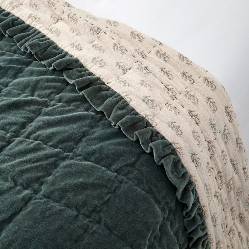 Cotton Velvet Ruffle Edge Quilted Bed Cover - Teal - Uneeka