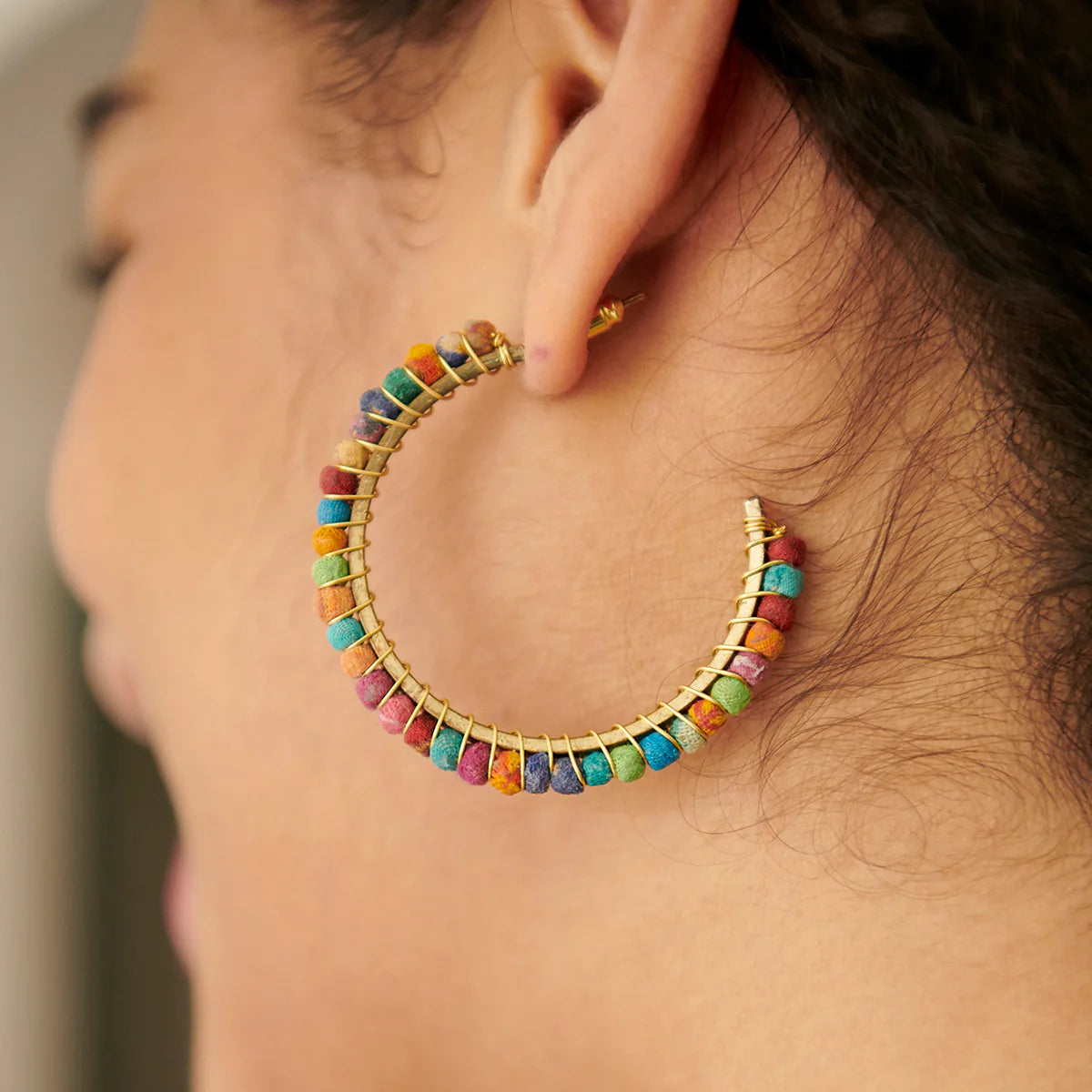 Kantha Bead Large Brass Hoops - ER-1197 - Uneeka