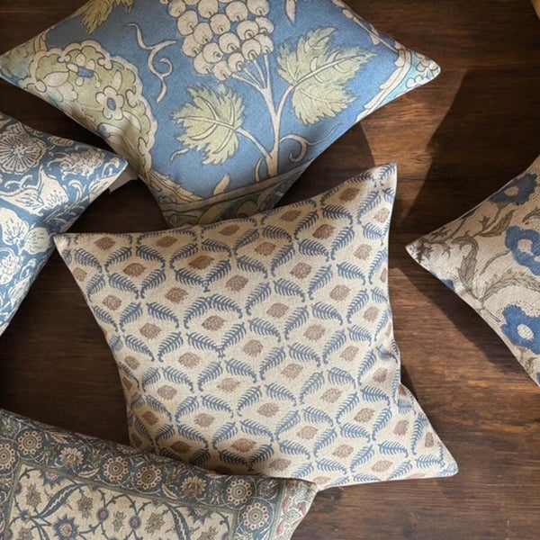 Dark Blue & Cream Feather Print Cushion - Linen-Mix Cloth - Uneeka