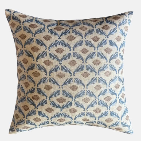 Dark Blue & Cream Feather Print Cushion - Linen-Mix Cloth - Uneeka