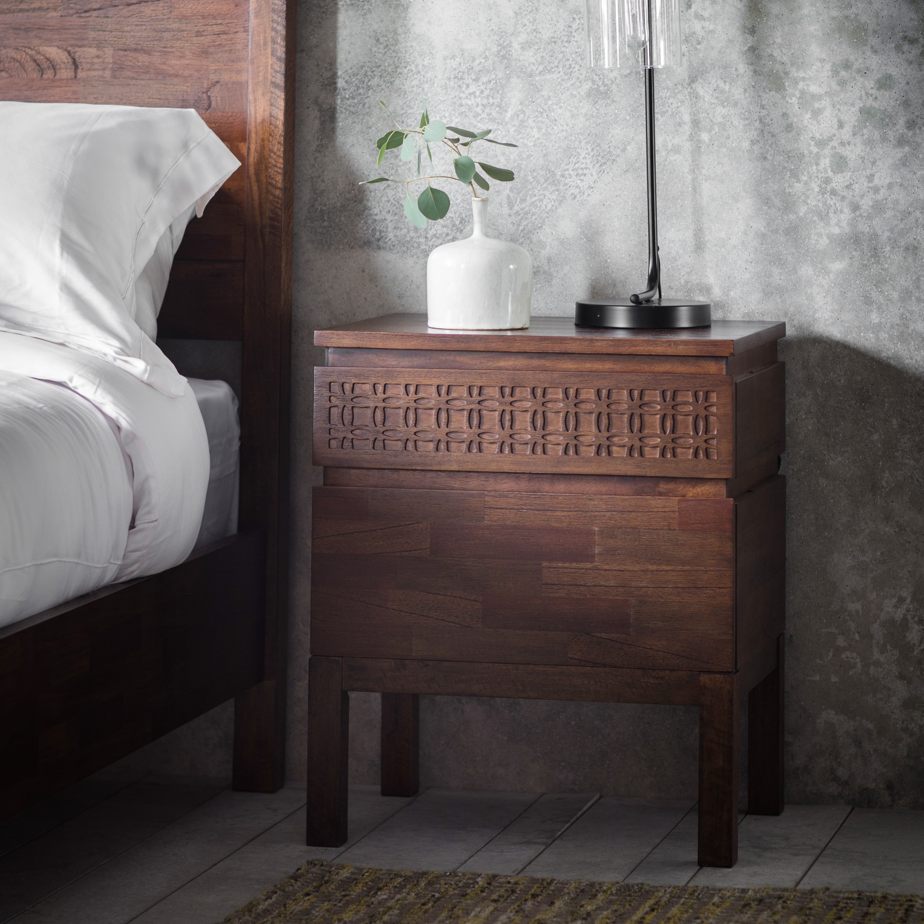 Dark Wood Bohemian Bedside Table - Boho Bedside 2 Drawer Chest Brown - Uneeka