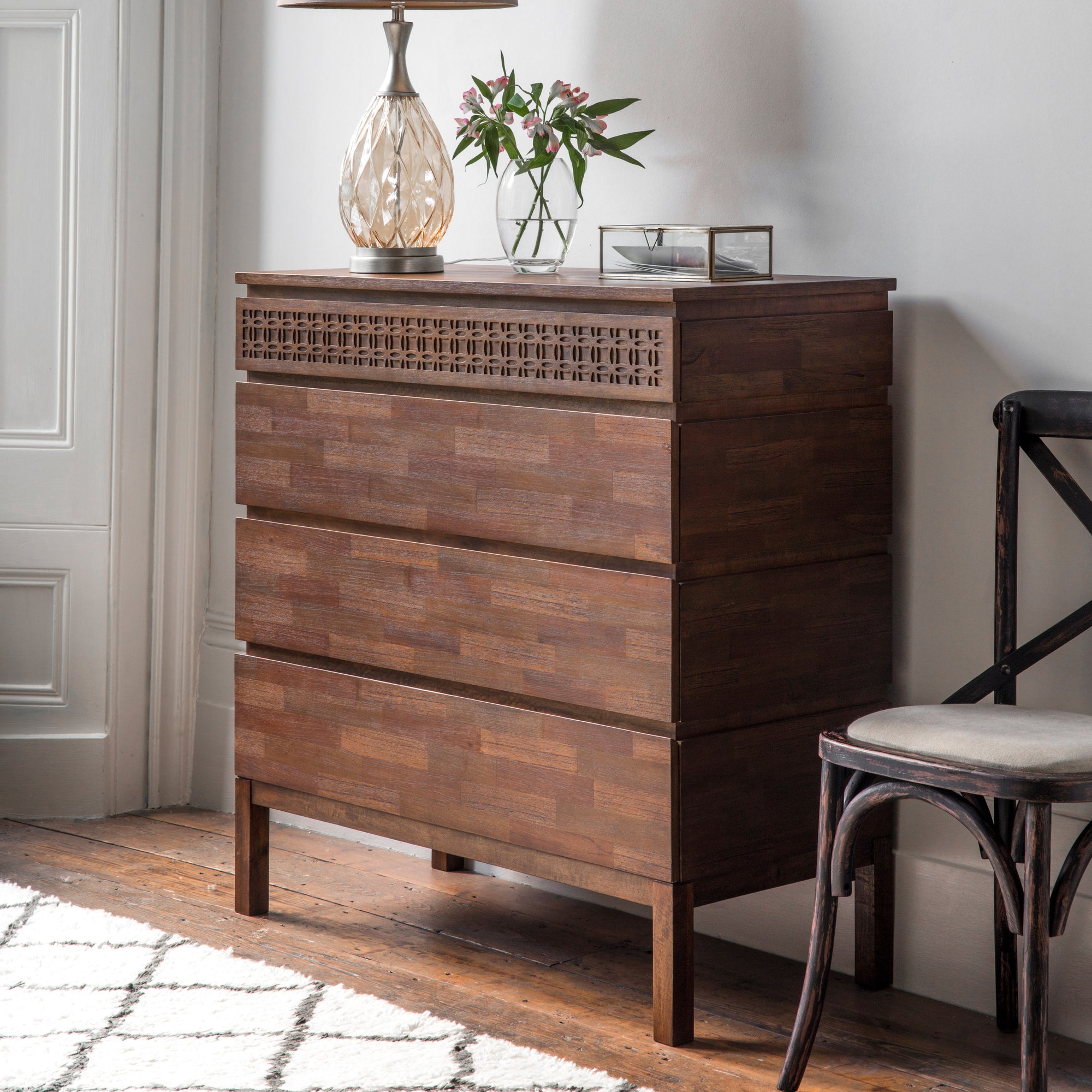 Dark Wood Bohemian Chest of Drawers - Boho 4 Drawer Chest Brown - Uneeka