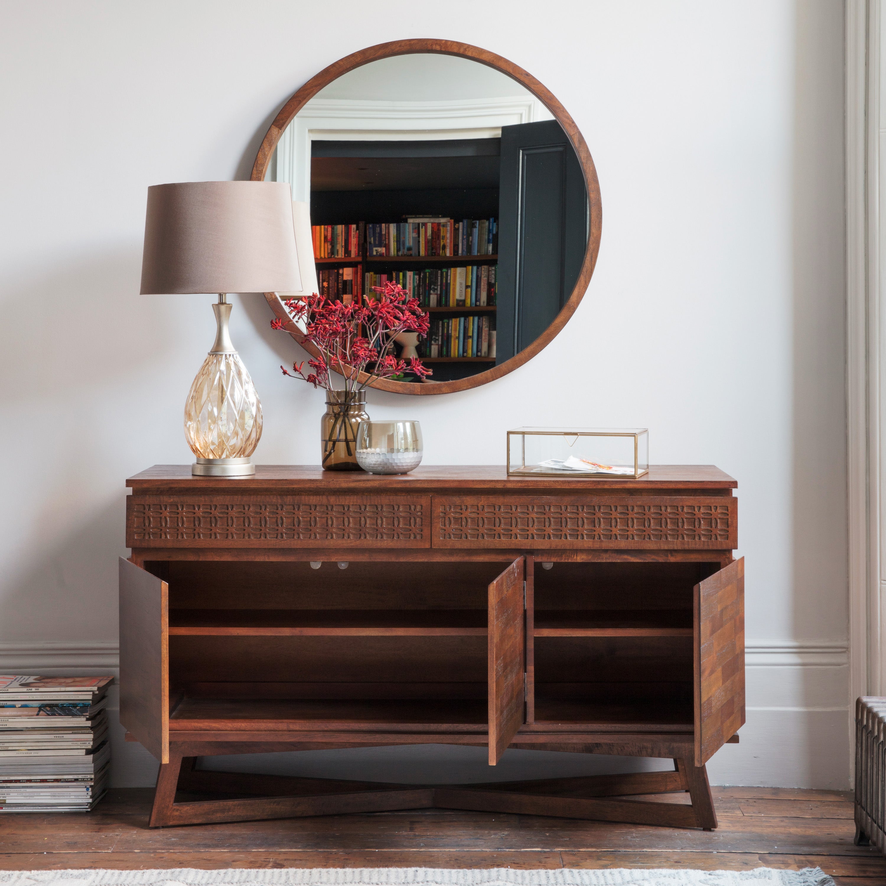Dark Wood Bohemian Sideboard - Boho 3 Door 2 Drawer Sideboard Brown - Uneeka