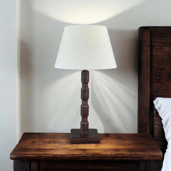 Dark Stained Wood Table Lamp with Linen Shade - Uneeka