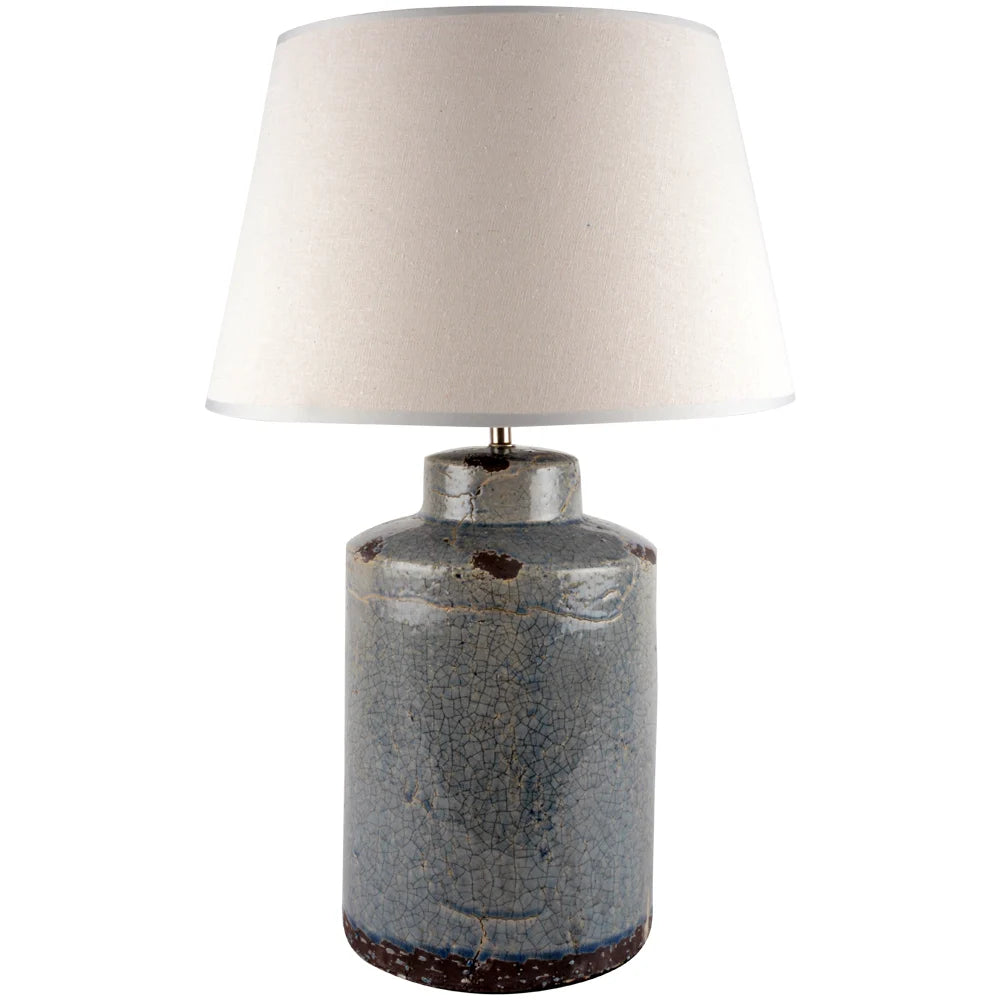 Distressed Blue Ceramic Table Lamp With Cream Linen Shade