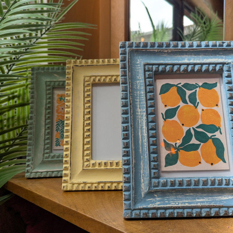 Distressed Painted Mango Wood Photo Frame - All three colours lined up on a shelf - Uneeka