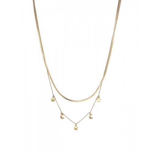 Double Layered Brushed Metal Moons & Stars Charm Necklace Gold