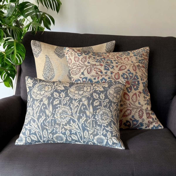 Dusty Blue Floral Print Cushion - Linen Uneeka